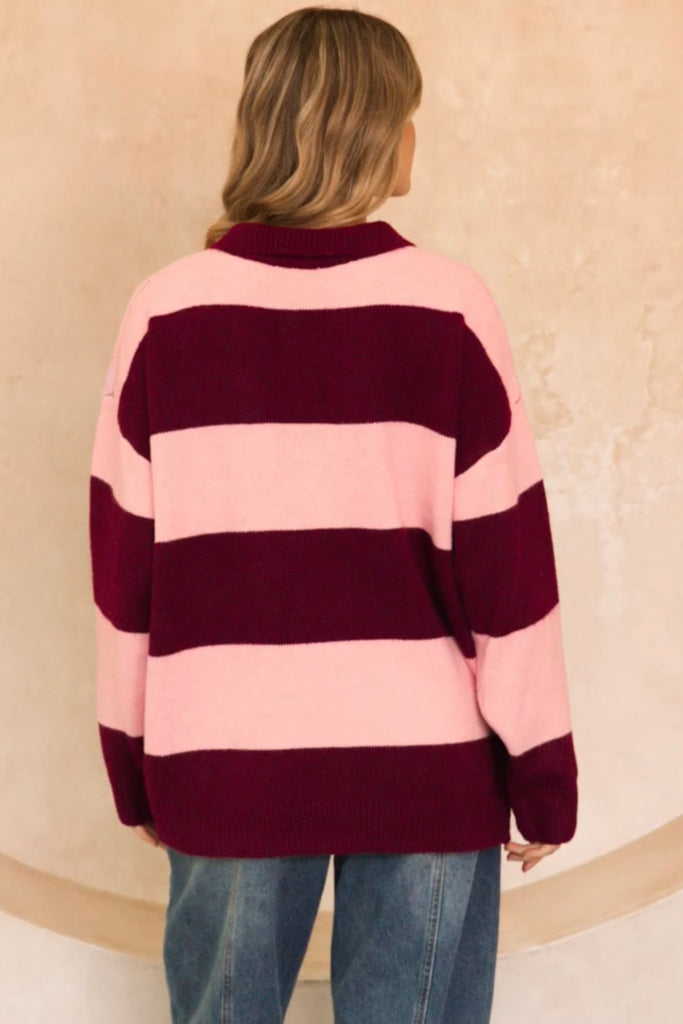 Sophie rugby knit - berry stripe-Pash + Evolve-*Rugby style knit *Long sleeve *Stripe *Relaxed fit *Button up neckline *Collar *100% Polyester-Pash + Evolve
