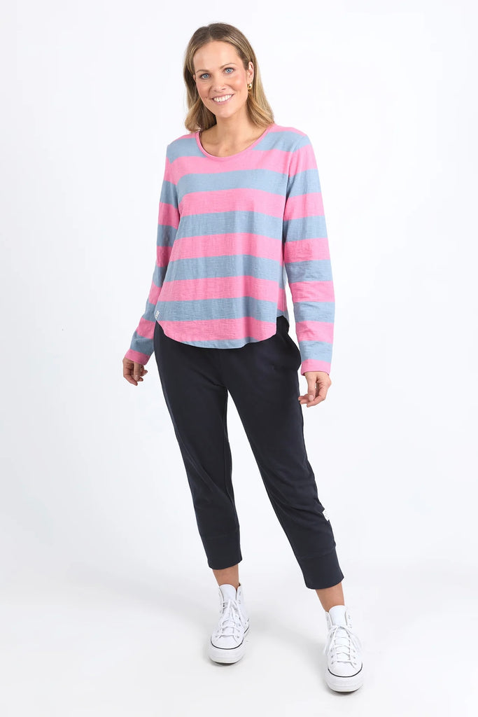 Spritz Stripe Tee - Pink/Steel Blue-Elm-Bold colourful stripes make for a fantastic layering piece. Constructed from 100% cotton slub jersey this mid weight layer is a wonderful colour pop for any wardrobe. Yarn Dye Stripe Ideal for layering Curved Hemline Cotton Slub Jersey Model is wearing a size 10.-Pash + Evolve