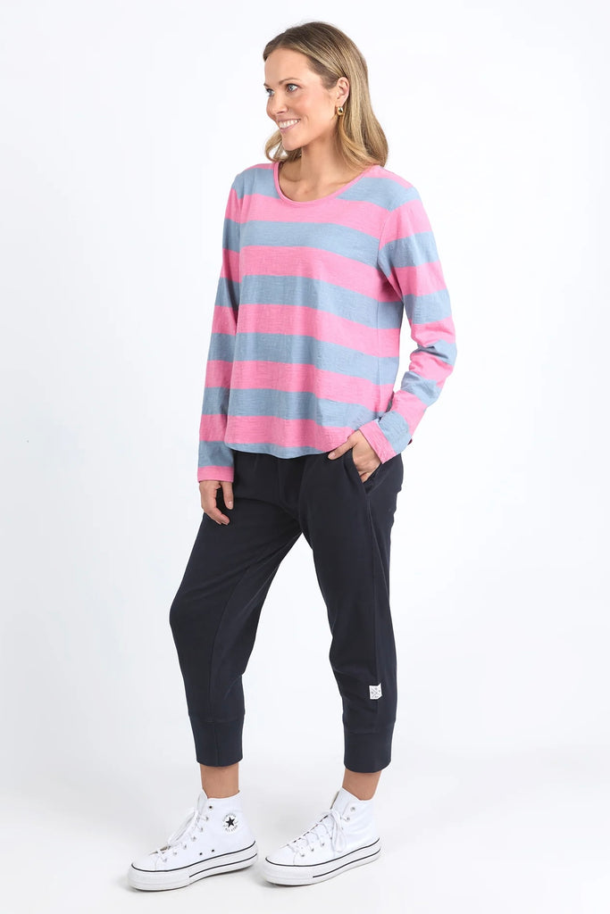 Spritz Stripe Tee - Pink/Steel Blue-Elm-Bold colourful stripes make for a fantastic layering piece. Constructed from 100% cotton slub jersey this mid weight layer is a wonderful colour pop for any wardrobe. Yarn Dye Stripe Ideal for layering Curved Hemline Cotton Slub Jersey Model is wearing a size 10.-Pash + Evolve