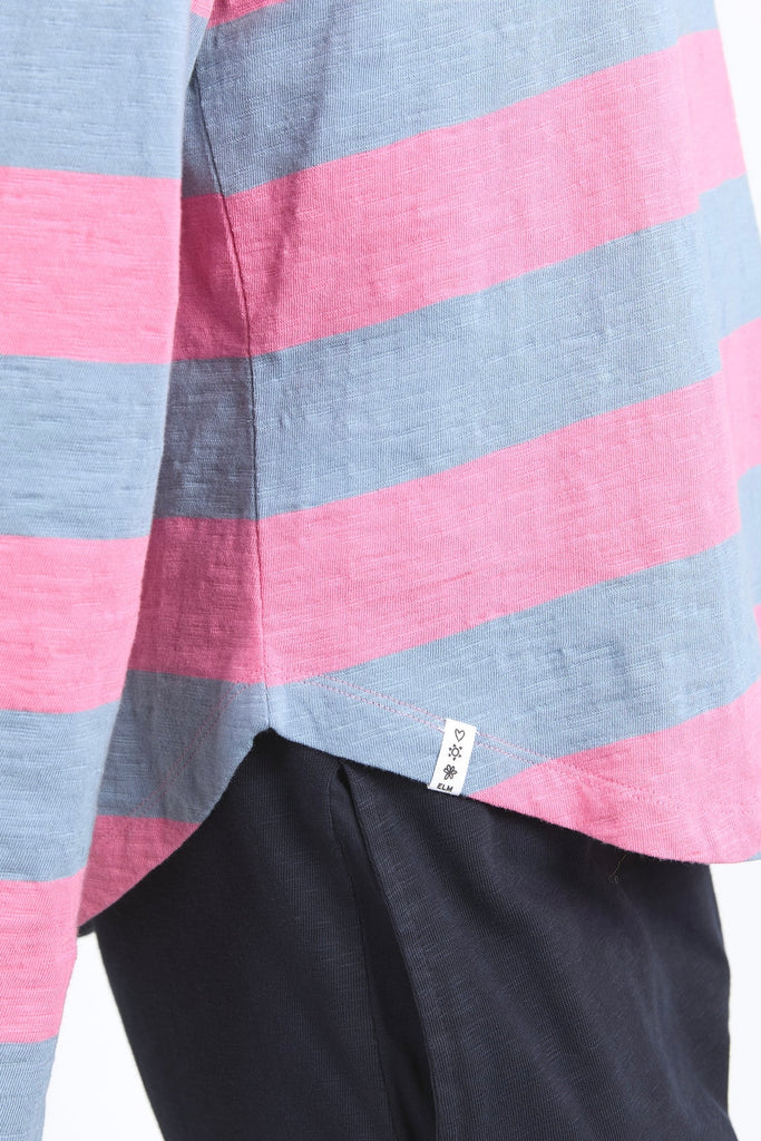 Spritz Stripe Tee - Pink/Steel Blue-Elm-Bold colourful stripes make for a fantastic layering piece. Constructed from 100% cotton slub jersey this mid weight layer is a wonderful colour pop for any wardrobe. Yarn Dye Stripe Ideal for layering Curved Hemline Cotton Slub Jersey Model is wearing a size 10.-Pash + Evolve