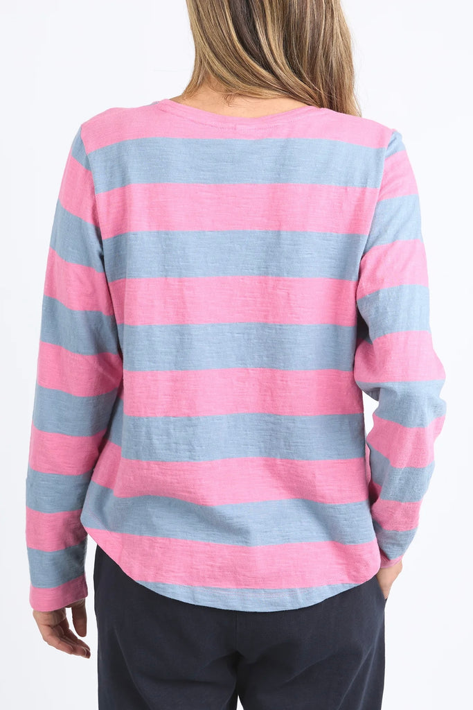 Spritz Stripe Tee - Pink/Steel Blue-Elm-Bold colourful stripes make for a fantastic layering piece. Constructed from 100% cotton slub jersey this mid weight layer is a wonderful colour pop for any wardrobe. Yarn Dye Stripe Ideal for layering Curved Hemline Cotton Slub Jersey Model is wearing a size 10.-Pash + Evolve