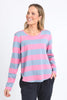 Spritz Stripe Tee - Pink/Steel Blue-Elm-Bold colourful stripes make for a fantastic layering piece. Constructed from 100% cotton slub jersey this mid weight layer is a wonderful colour pop for any wardrobe. Yarn Dye Stripe Ideal for layering Curved Hemline Cotton Slub Jersey Model is wearing a size 10.-Pash + Evolve