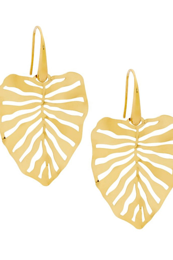 Stainless steel monstera leaf earrings - gold plated-Ellani-36mm Monstera leaf earrings Stainless steel with gold IP plating Comes packaged in gorgeous Ellani packaging-Pash + Evolve