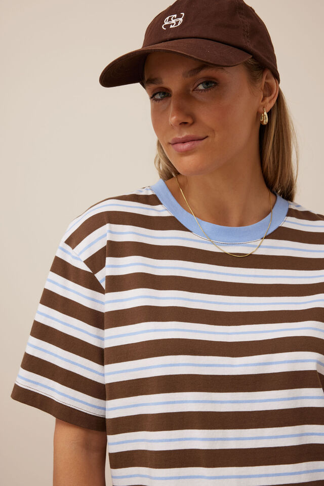 Stevie Slouchy Tee - cocoa sky blue stripe-Ceres Life-Proudly made in Australian Cotton Oversized fit Step Hem Self fabric neck binding Soft Hand feel-Pash + Evolve