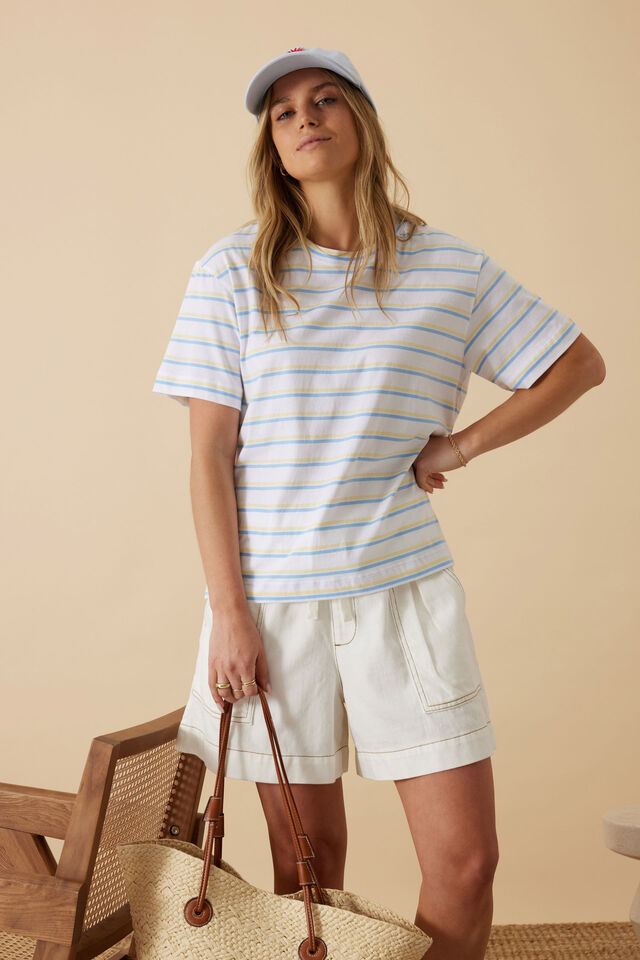 Stevie Slouchy Tee - powder blue/sunny yellow stripe-Ceres Life-Proudly made in Australian Cotton Oversized fit Step Hem Self fabric neck binding Soft Hand feel-Pash + Evolve