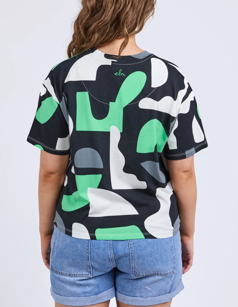 Stijl tee - abstract-Elm-Redefine comfort and chic with the Stijl Tee a fresh take on gorgeous geometric designs. Every wardrobe deserves a little fun – and this brings it. Exclusive Elm print Drop shoulder 100% Cotton Model is wearing a size 10-Pash + Evolve