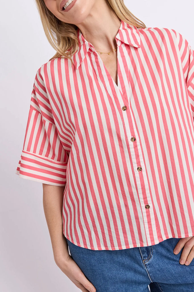 Striped Holiday Shirt - Pink Lemonade/White-Elm-The Striped Holiday Shirt is the definition of relaxed summer style. Crafted from a breathable linen blend with timeless yarn-dyed stripes, its oversized fit makes it perfect for layering or wearing on its own. Style it open over a tank, tucked into linen shorts or paired with relaxed pants for an effortless holiday-ready look. Button through shirt Yarn dyed stripe Linen blend Oversized fit 100% Cotton The Model is 173cm and is wearing a size 10-Pash + Evolve