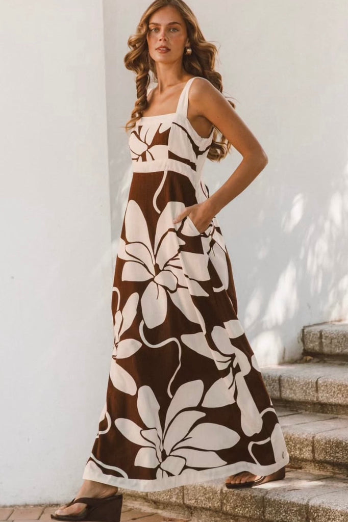 Summer dress - chocolate-Pash + Evolve-*Wide strap *Maxi length *Flower print *Chocolate/cream *Pockets *Square neckline *Rayon/Linen-Pash + Evolve