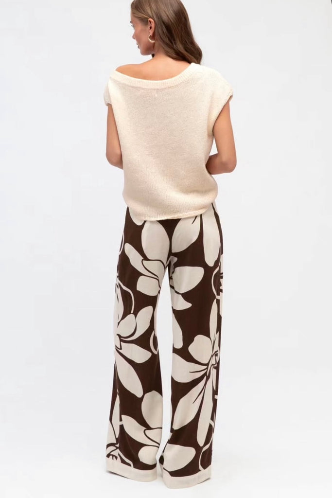 Summer pant - chocolate-Pash + Evolve-*Wide leg *Flower print *Chocolate/cream *High waisted *Rayon/Linen-Pash + Evolve