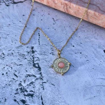Sunburst Necklace-Pash + Evolve-The Sunburst Necklace is perfect for the upcoming summer season. Crafted with a pink stone and stainless steel, this on trend accessory is perfect for making any outfit pop. Chain length approx. 41cm + 5cm extension Pendant length approx. 18mm-Pash + Evolve