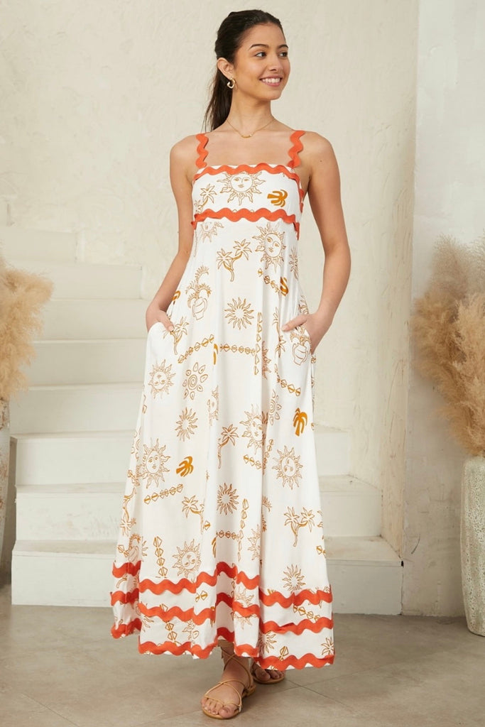 Sunny dress - white/orange-Pash + Evolve-The sunny dress is so stunning, featuring a cute pattern all over, rik rak detailing and a shirred back. This dress makes the perfect one for whatever the occasion may be. *Cute print all over *Shirred back *Rik rak detailing *Straight neckline *100% Rayon-Pash + Evolve