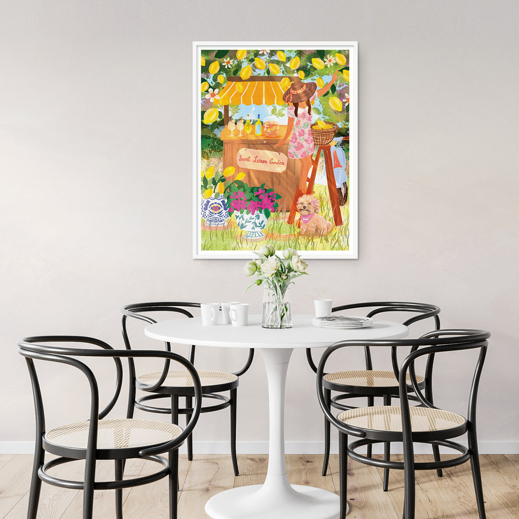Sweet Lemons - 1000pc puzzle-Diesel & Dutch-Step into a sunlit paradise with the 'Sweet Lemon Garden' jigsaw puzzle! This charming scene features a young woman picking lemons beside a cosy lemonade stand, surrounded by vibrant citrus, blooming flowers, and a fluffy pup. With warm colors and whimsical details, it's a delightful escape into summer bliss! Designing to the latest in homeware design, as well as key colours and trends, we are committed to regularly updating our puzzle range with fresh designs to 