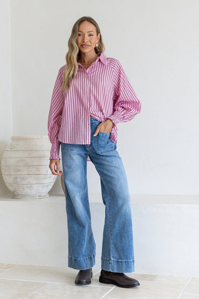 Sydney shirt - pink/wine-Pash + Evolve-*Button down font *Shirred Cuff *Collar *Pink/Wine *100% Cotton-Pash + Evolve