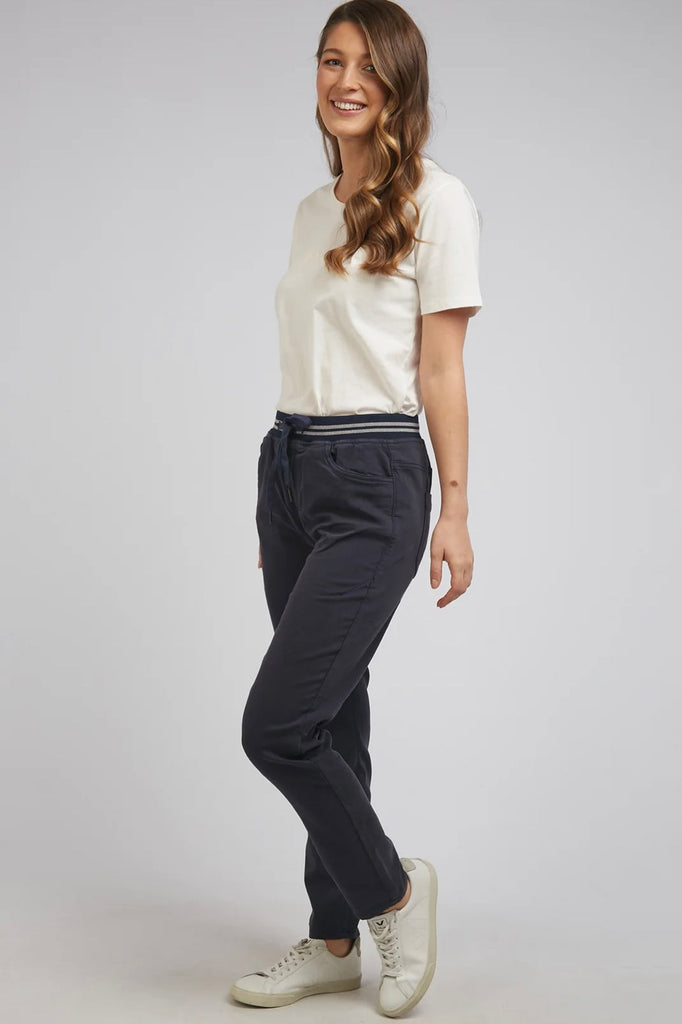 Sylvia Jogger - Navy-Foxwood-Comfortable and relaxed the Sylvia Jogger is constructed from a super soft two-way stretch cotton drill in a midweight fabric, these pants feature 2 side pockets, 2 back pockets, and an elastic waistline with a soft drawstring. Ideal for casual wear all day, every day. Hybrid Denim Designed in Australia-Pash + Evolve