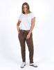 Sylvia jogger - chocolate-Foxwood-The Sylvia Jogger is a comfy pair of relaxed pants. Constructed from a super soft, two-way stretch cotton drill in a midweight fabric with 2 side pockets, 2 back pockets and an elastic waistline with soft drawstring. Elastic waist with drawcord Metallic thread in waistband Side pockets Cotton Elastane-Pash + Evolve