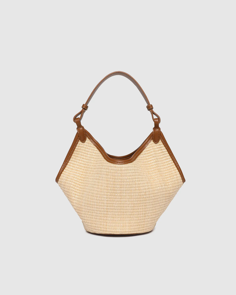 Taya Mini Tote Bag - Raffia/ Tan-Louenhide-The Taya Raffia Tan Mini Tote Bag is a fresh take on summer styling - petite in size, bold in texture, and made for days under the sun. Crafted from natural raffia and contrasted with buttery soft vegan leather, this top handle bag features a sleek boat-shaped silhouette that brings structure to a relaxed coastal mood. Designed as a versatile convertible tote, Taya Raffia Tan offers multiple ways to wear her: a short vegan leather top handle for a polished look, or