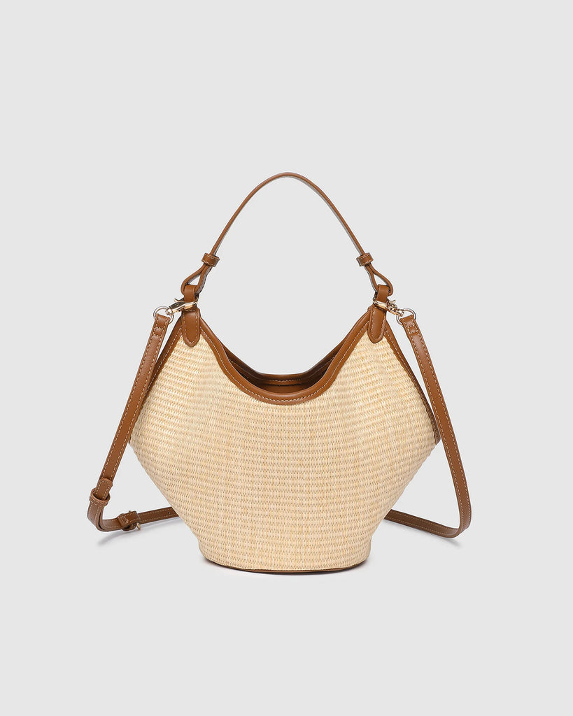 Taya Mini Tote Bag - Raffia/ Tan-Louenhide-The Taya Raffia Tan Mini Tote Bag is a fresh take on summer styling - petite in size, bold in texture, and made for days under the sun. Crafted from natural raffia and contrasted with buttery soft vegan leather, this top handle bag features a sleek boat-shaped silhouette that brings structure to a relaxed coastal mood. Designed as a versatile convertible tote, Taya Raffia Tan offers multiple ways to wear her: a short vegan leather top handle for a polished look, or
