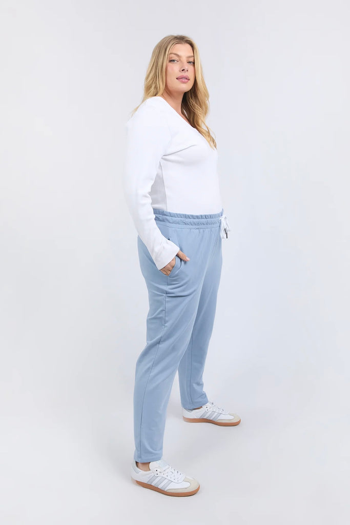 The Lobby Pant - Steel Blue-Elm-The lovely lobby pant in 100% cotton french terry fabric are a throw on and go style ideal for everyday wear. Featuring an elastic waist and drawcord for extra all-day comfort. Elastic waist and pockets Tapered leg Best seller French Terry Cotton Elastane Model is wearing a size 16-Pash + Evolve