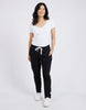 The lobby pant - black-Elm-The lovely lobby pant are a throw on and go style ideal for everyday wear. Featuring an elastic waist and draw cord for extra all-day comfort. Elastic waist and pockets Tapered leg Best seller Made with french terry cotton 95% Cotton, 5% Elastane Model is wearing a size 10-Pash + Evolve