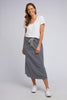 Travel Skirt - Navy & White Stripe-Elm-The Elm Travel Skirt Is A Maxi-Length Skirt Finishing Mid-Calf. It Is Super Comfy With A Relaxed Fit. Constructed In A Soft And Breathable Cotton Slub Fabrication It's The Perfect Style To Pack On Your Next Trip Or To Wear Casually Throughout The Spring And Summer Months. Features Include An Easy Elastic Waist, Side Split And Functional Front Pockets. Elastic Waist with Function Front Pockets Side Split Maxi Skirt Unbrushed French Terry Model is 169cm and wears Size 10