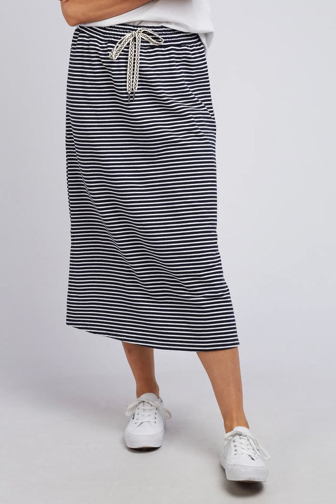 Travel Skirt - Navy & White Stripe-Elm-The Elm Travel Skirt Is A Maxi-Length Skirt Finishing Mid-Calf. It Is Super Comfy With A Relaxed Fit. Constructed In A Soft And Breathable Cotton Slub Fabrication It's The Perfect Style To Pack On Your Next Trip Or To Wear Casually Throughout The Spring And Summer Months. Features Include An Easy Elastic Waist, Side Split And Functional Front Pockets. Elastic Waist with Function Front Pockets Side Split Maxi Skirt Unbrushed French Terry Model is 169cm and wears Size 10