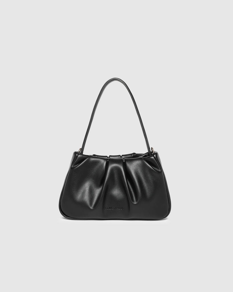 Uma Handbag - Black-Louenhide-The Uma Black Handbag is your go-to plus-one for everything from elegant events to leisurely long lunches. Crafted from smooth vegan leather with a softly ruched silhouette, this versatile mini top handle bag moves effortlessly from day to night. Balancing timeless style with practical design, Uma Black offers three ways to wear: as a small crossbody with chain for a touch of glamour, with the sleek leather shoulder strap for a refined finish, or without straps for a polished c