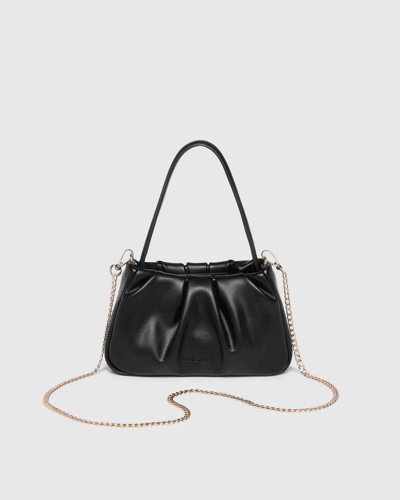Uma Handbag - Black-Louenhide-The Uma Black Handbag is your go-to plus-one for everything from elegant events to leisurely long lunches. Crafted from smooth vegan leather with a softly ruched silhouette, this versatile mini top handle bag moves effortlessly from day to night. Balancing timeless style with practical design, Uma Black offers three ways to wear: as a small crossbody with chain for a touch of glamour, with the sleek leather shoulder strap for a refined finish, or without straps for a polished c