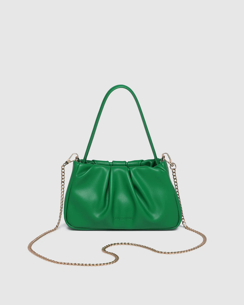 Uma Handbag - Green-Louenhide-The Uma Green Handbag is your go-to plus-one for everything from elegant events to leisurely long lunches. Crafted from smooth vegan leather with a softly ruched silhouette, this versatile mini top handle bag moves effortlessly from day to night. Balancing timeless style with practical design, Uma Green offers three ways to wear: as a small crossbody with chain for a touch of glamour, with the sleek leather shoulder strap for a refined finish, or without straps for a polished c