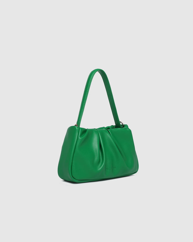 Uma Handbag - Green-Louenhide-The Uma Green Handbag is your go-to plus-one for everything from elegant events to leisurely long lunches. Crafted from smooth vegan leather with a softly ruched silhouette, this versatile mini top handle bag moves effortlessly from day to night. Balancing timeless style with practical design, Uma Green offers three ways to wear: as a small crossbody with chain for a touch of glamour, with the sleek leather shoulder strap for a refined finish, or without straps for a polished c