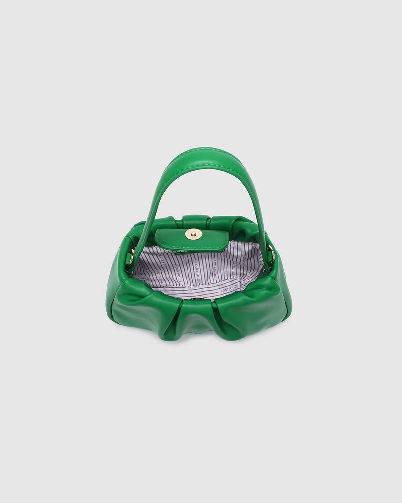 Uma Handbag - Green-Louenhide-The Uma Green Handbag is your go-to plus-one for everything from elegant events to leisurely long lunches. Crafted from smooth vegan leather with a softly ruched silhouette, this versatile mini top handle bag moves effortlessly from day to night. Balancing timeless style with practical design, Uma Green offers three ways to wear: as a small crossbody with chain for a touch of glamour, with the sleek leather shoulder strap for a refined finish, or without straps for a polished c