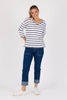 V-Neck 3/4 Sleeve Top - White/Navy Stripe-One Ten Willow-Rounded V- Neck Straight Hemline Side Hem Split Detail 3/4 Sleeve Length Material: 95% Cotton 5% Elastane Model is 176cm (Size 8-10) and wears our size Small-Pash + Evolve