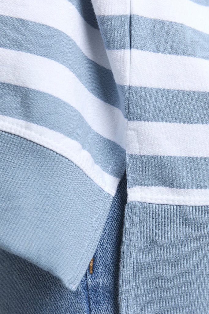 Vivid Crew - Steel Blue Stripe-Elm-Stripes are always in fashion. A classic Elm 100% cotton crew with printed stripes and a curved hemline for style & comfort. Yarn dye stripe Mixed stripe width Crew neckline Unbrushed Cotton Fleece-Pash + Evolve