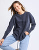 Washed Simplified Crew - Navy-Foxwood-The Washed version of our Best Selling Simplified Crew. This crew is the perfect throw over for your everyday wardrobe. With its round neck, hi-lo hemline, side splits with raw edging & the classic Foxwood logo, you are going to want one in every colour. The Washed version has a vintage look for that much-loved look from the get-go. Front chest embroidery Raw edge detail Curved hem 100% Cotton Model is wearing a Size 10-Pash + Evolve
