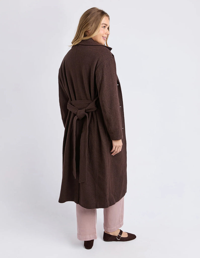 Whistler Coat - Coffee Bean-Foxwood-The Whistler Coat is perfect for cooler days. With a front button opening, a waist tie for a flattering fit, and handy side pockets, it’s equal parts stylish and practical. Crafted from a warm wool-polyester blend, it’s a must-have layer for the season. Front button opening Waist tie Side pockets MAIN: 50% Wool 50% Polyester LINING: 100% Polyester Our model is 176cm and wears Size S-Pash + Evolve