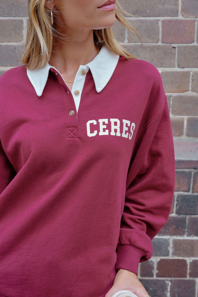 Wren Rugby Sweat - Burgundy White Logo-Ceres Life-Organic Cotton Blend Loopback Drop Shoulder Pockets in side seam Collared neckline Functional button placket-Pash + Evolve
