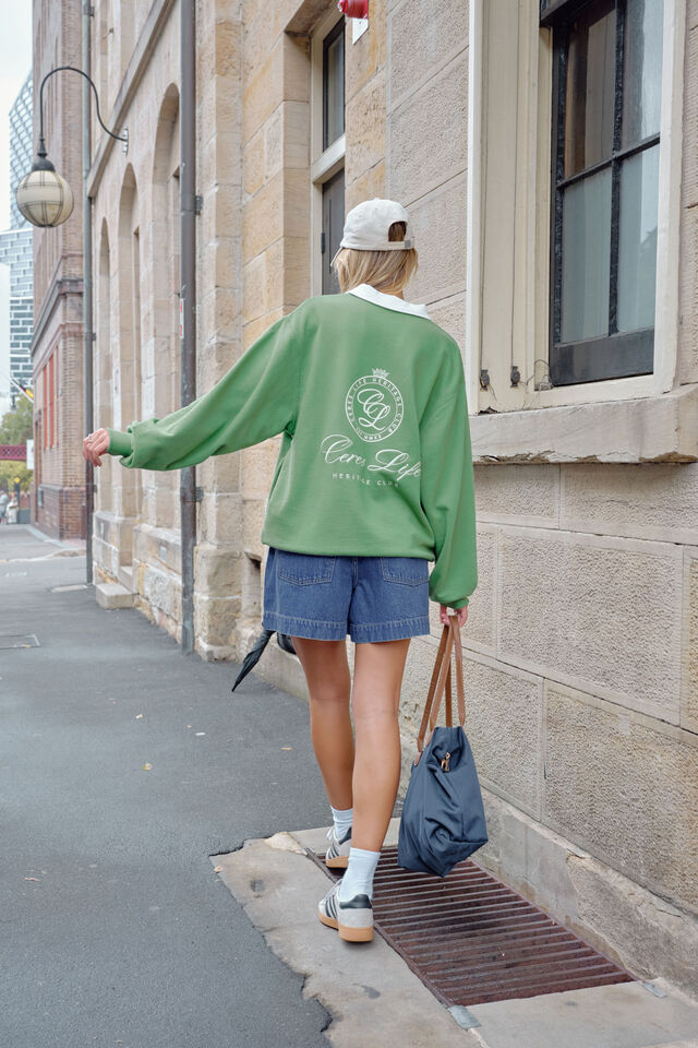 Wren Rugby Sweat - Pistachio White Logo-Ceres Life-Organic Cotton Blend Loopback Drop Shoulder Pockets in side seam Collared neckline Functional button placket-Pash + Evolve