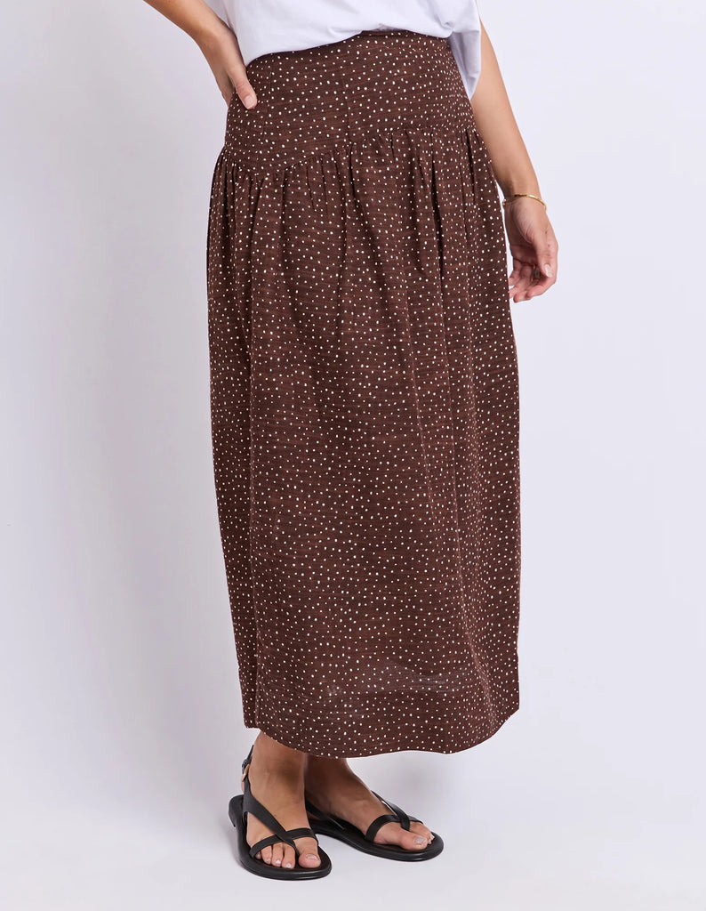 Wren Spot Skirt - Chocolate-Foxwood-The Wren Spot Skirt is ready for everything from long lunches to weekend wandering. Crafted from breathable 100% cotton, this ankle length style features a softly gathered silhouette that moves beautifully with you, while side pockets and a side seam zip keep it as practical as it is pretty. Finished in an all over spot print, it's an easy piece to dress up or down. Side seam zip Side pockets Ankle length Model is wearing a size 10-Pash + Evolve
