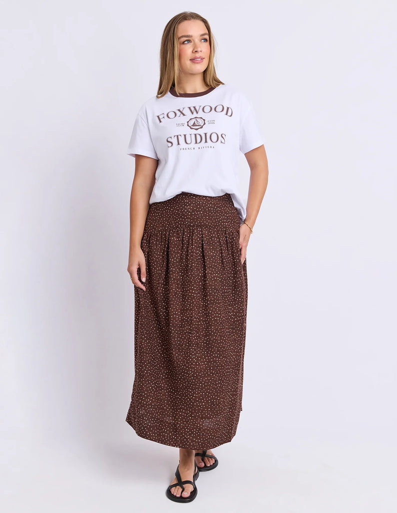 Wren Spot Skirt - Chocolate-Foxwood-The Wren Spot Skirt is ready for everything from long lunches to weekend wandering. Crafted from breathable 100% cotton, this ankle length style features a softly gathered silhouette that moves beautifully with you, while side pockets and a side seam zip keep it as practical as it is pretty. Finished in an all over spot print, it's an easy piece to dress up or down. Side seam zip Side pockets Ankle length Model is wearing a size 10-Pash + Evolve