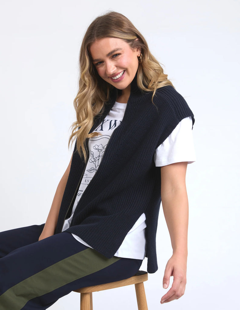 Zip knit vest - navy-Foxwood-*Front double zip end opening *Relaxed fit *Knit collar *100% Cotton-Pash + Evolve