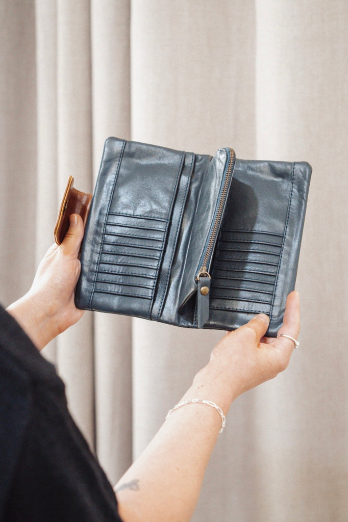 Zuri 2 tone wallet - Navy blue with vintage tan-Baleka Leather-Bold design meets everyday functionality with the Zuri 2-Tone Wallet. Featuring striking two-tone detailing, this modern classic adds a pop of personality to your essentials. The press-stud closure opens to reveal a smart interior, including a mini coin purse, 4 note dividers, and 18 card slots — giving you plenty of space to stay organized in style. Chic yet practical, the Zuri Wallet is perfect for those who love a statement accessory that bal