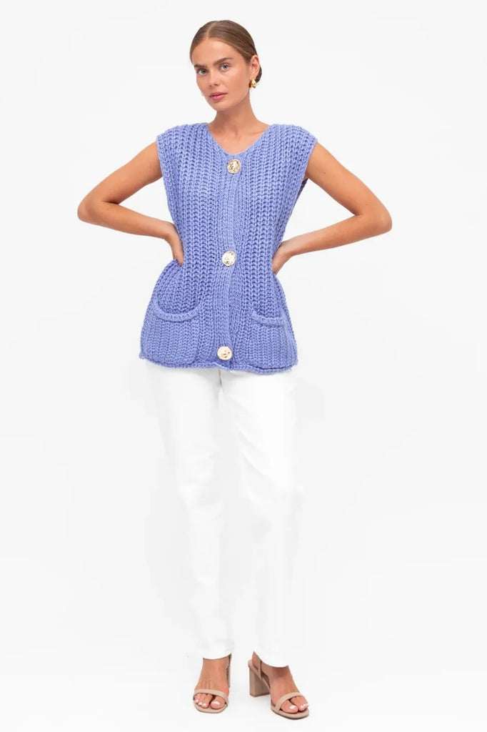 Zuri knit top - blue-Pash + Evolve-This beautiful knit top is the perfect top for any outfit. Simply pair with your favourite white pants for a super cute & effortless look! Featuring buttons down front and pockets. *Super soft *Button down front *Sleeveless *Pockets *100% Nylon-Pash + Evolve