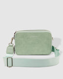Celeste Croc Crossbody Bag - Mint-Louenhide-Bags-The Louenhide Celeste Crossbody Bag is a beautiful camera style bag, perfect for long Summer days. With silver hardware, two zip compartments and a back side pocket there is ample room to fit your favourite belongings when you are on-the-go. Switch between the on trend thick webbing strap or thin vegan leather strap depending on your outfit and daily agenda! Made from 40% Recycled Polyester, 18% Recycled PU, 37% PU, 5% Calcium Carbonate Recycled Vegan Leather