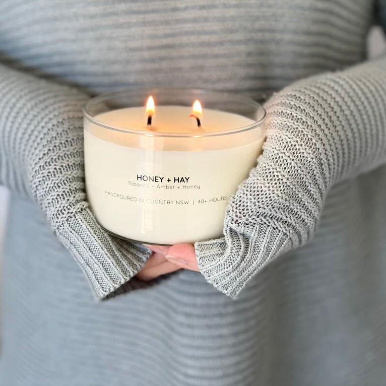 Honey & Hay Soy Candle-Meeraboo-Candles-A warming combination of honey, amber, fresh hay and musk. Warm your home from the inside out with this incredibly warm and homely scent combining honey, amber, fresh hay and musk with layers of incense and tobacco. A beautifully simple combination reminiscent of long days spent well roaming around the countryside. Australian Made Candles / Hand poured Soy Candle / Small Batch / Family Owned / Hand Labelled and Packaged 300g / 40+ hours / double wick-Pash + Evolve