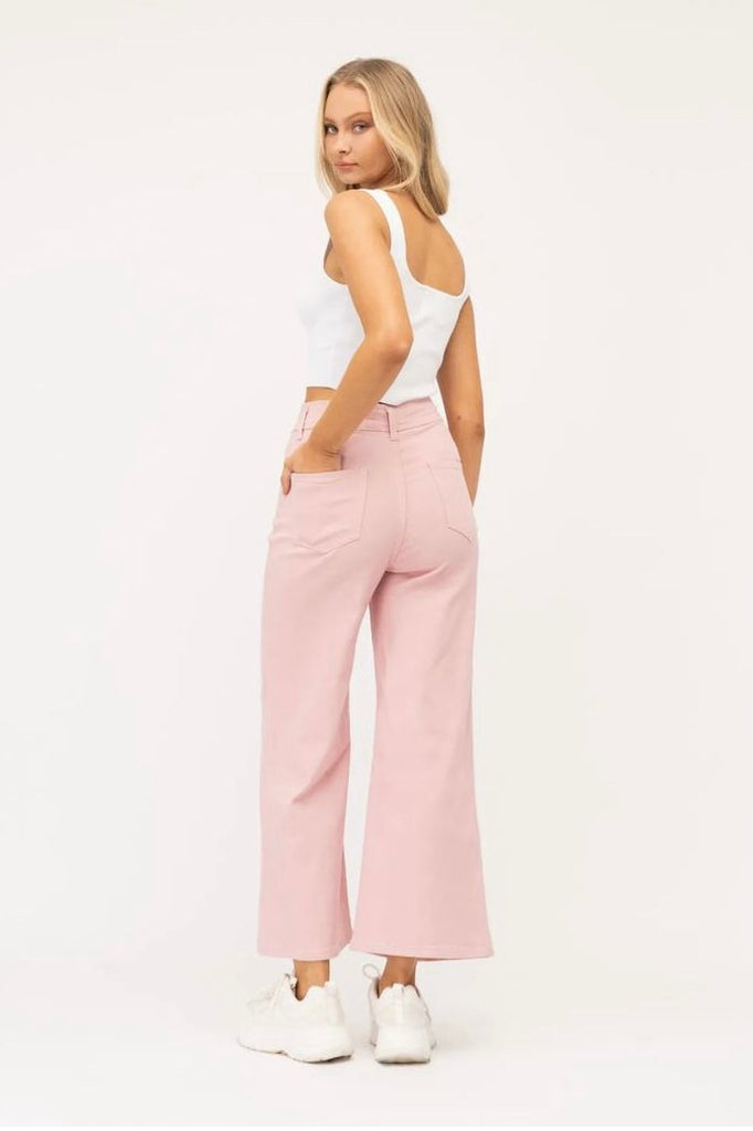 Madi Pant - rosewater pink-Pash + Evolve-Bottoms-Oh these are so good! These are super high-waisted with in-seam pockets at the front and normal pockets at the rear. Featuring a wider-legged fit, these are incredibly stretchy and comfortable, in a mid-weight denim. Sizing: Generous - go down one these are super stretchy!-Pash + Evolve