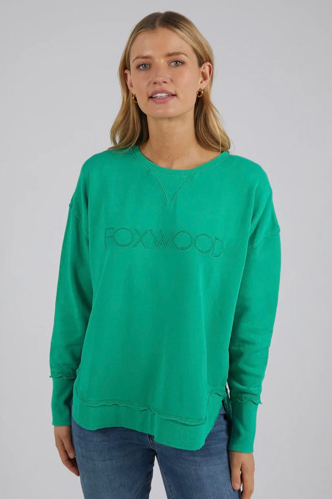 Simplified crew - bright green-Foxwood-The Simplified Crew is the perfect throw over for your everyday wardrobe. With its round neck, hi-lo hemline, side splits with raw edging & the classic Foxwood logo, you are going to want one in every colour. *100% cotton *Designed in Australia-Pash + Evolve